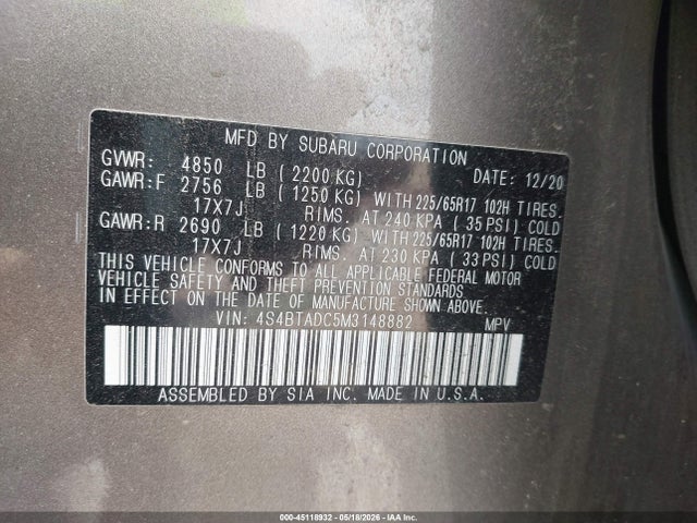 2021 Subaru Outback Premium მანქანა იყიდება აუქციონზე, vin: 4S4BTADC5M3148882, აუქციონის ნომერი: 45118932