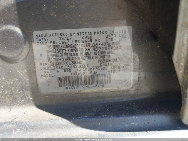 45118946 :رقم المزاد ، 3N1CE2CPXHL368142 vin ، 2017 Nissan Versa Note Sv مزاد بيع