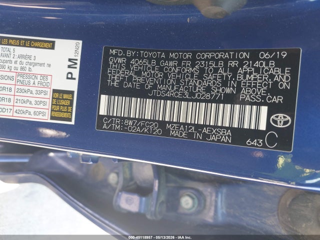 2020 Toyota Corolla Se მანქანა იყიდება აუქციონზე, vin: JTDS4RCE3LJ028771, აუქციონის ნომერი: 45118957