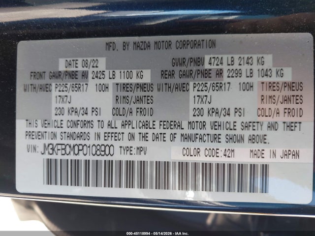 Aukcja sprzedaży 2023 Mazda Cx-5 2.5 S Preferred, vin: JM3KFBCM0P0108900, numer aukcji: 45118994