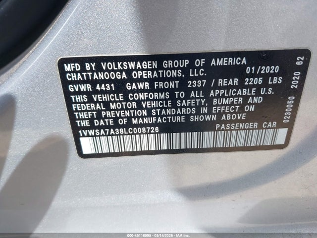 Aukcja sprzedaży 2020 Volkswagen Passat 2.0t Se, vin: 1VWSA7A38LC008726, numer aukcji: 45118995