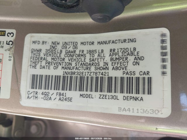 Aukcja sprzedaży 2007 Toyota Corolla Le, vin: 1NXBR32E17Z787421, numer aukcji: 45119000