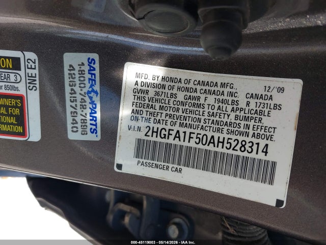 Продажа на аукционе авто 2010 Honda Civic Lx, vin: 2HGFA1F50AH528314, номер лота: 45119003