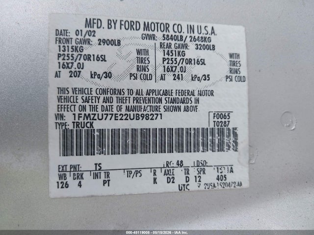 Продаж на аукціоні авто 2002 Ford Explorer Sport Trac, vin: 1FMZU77E22UB98271, номер лоту: 45119008