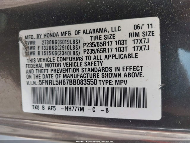 2011 Honda Odyssey Ex-l მანქანა იყიდება აუქციონზე, vin: 5FNRL5H67BB083550, აუქციონის ნომერი: 45119009