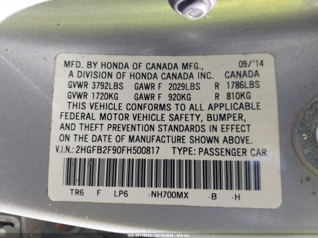 Aukcja sprzedaży 2015 Honda Civic Ex-l, vin: 2HGFB2F90FH500817, numer aukcji: 45119022