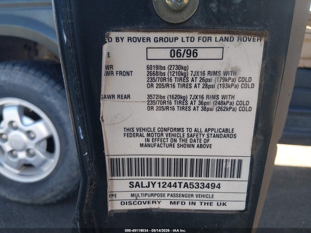 1996 Land Rover Discovery მანქანა იყიდება აუქციონზე, vin: SALJY1244TA533494, აუქციონის ნომერი: 45119034