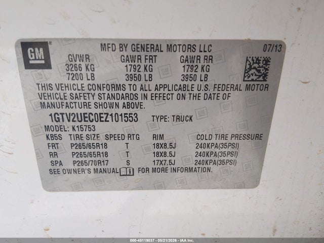 Продажа на аукционе авто 2014 Gmc Sierra 1500 Sle, vin: 1GTV2UEC0EZ101553, номер лота: 45119037