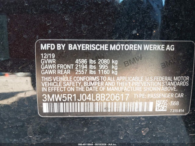 Aukcja sprzedaży 2020 Bmw 330i, vin: 3MW5R1J04L8B20617, numer aukcji: 45119044