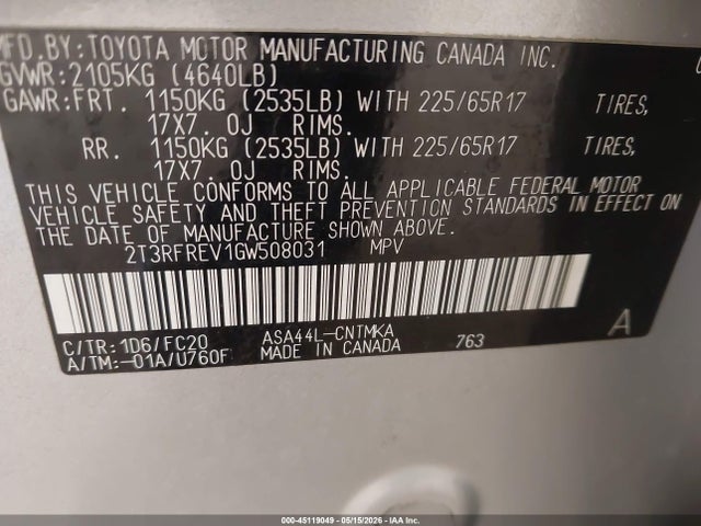 Aukcja sprzedaży 2016 Toyota Rav4 Xle, vin: 2T3RFREV1GW508031, numer aukcji: 45119049