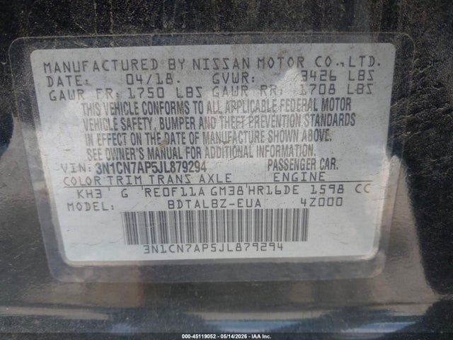 Aukcja sprzedaży 2018 Nissan Versa 1.6 Sv, vin: 3N1CN7AP5JL879294, numer aukcji: 45119052