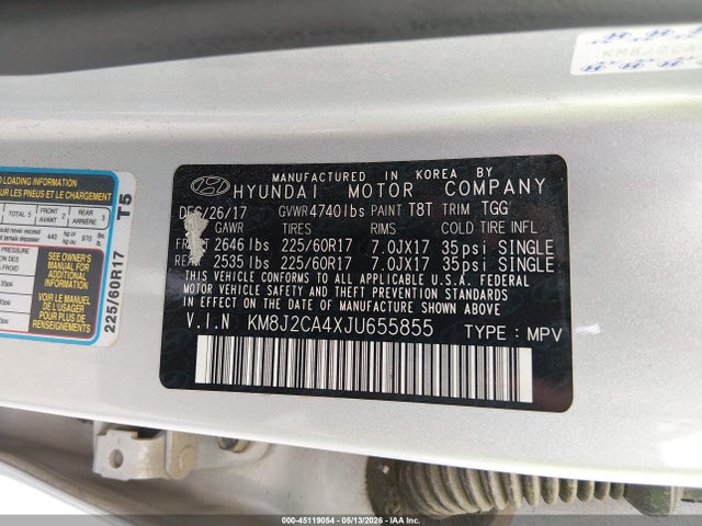 Продажа на аукционе авто 2018 Hyundai Tucson Se, vin: KM8J2CA4XJU655855, номер лота: 45119054