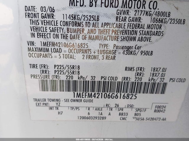 2006 Mercury Montego Premier მანქანა იყიდება აუქციონზე, vin: 1MEFM42106G616825, აუქციონის ნომერი: 45119055