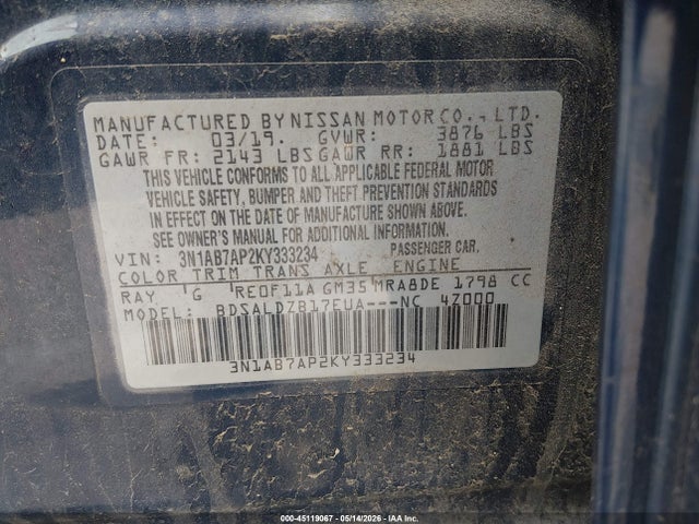 Aukcja sprzedaży 2019 Nissan Sentra Sv, vin: 3N1AB7AP2KY333234, numer aukcji: 45119067