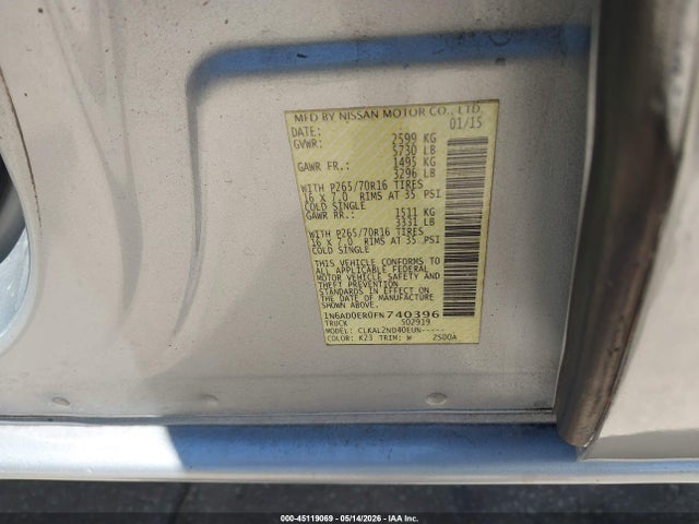 45119069 :رقم المزاد ، 1N6AD0ER0FN740396 vin ، 2015 Nissan Frontier Desert Runner/s/sl/sv مزاد بيع
