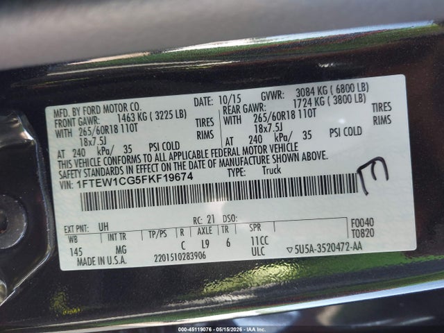 2015 Ford F-150 Xlt მანქანა იყიდება აუქციონზე, vin: 1FTEW1CG5FKF19674, აუქციონის ნომერი: 45119076