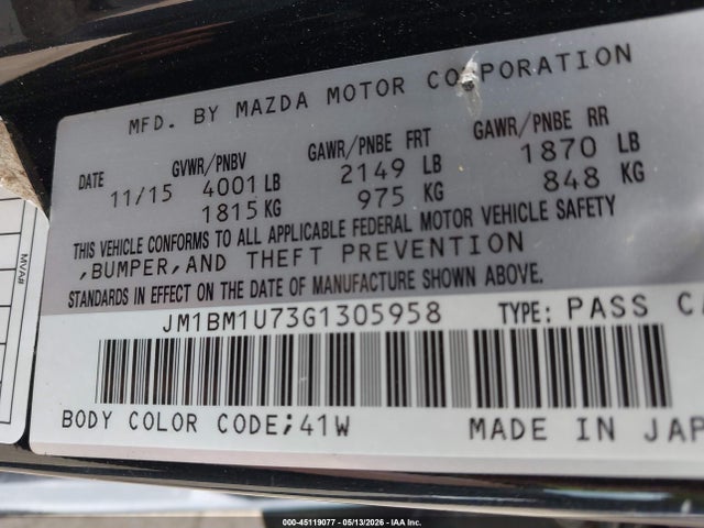 Aukcja sprzedaży 2016 Mazda Mazda3 I Sport, vin: JM1BM1U73G1305958, numer aukcji: 45119077