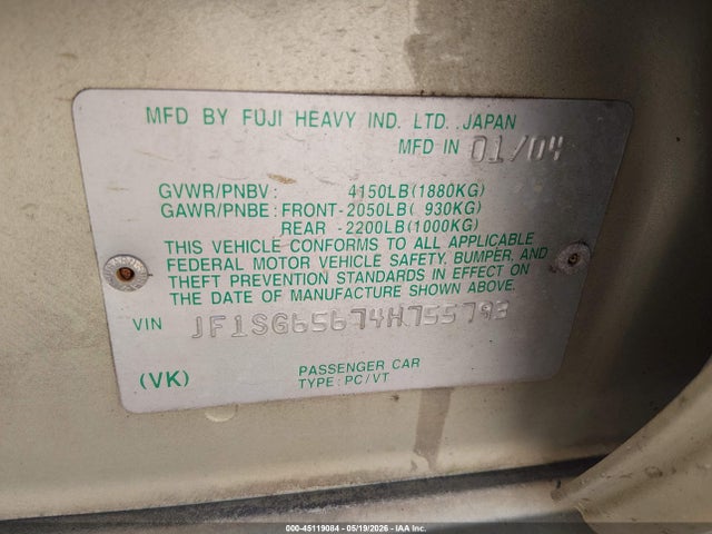Продаж на аукціоні авто 2004 Subaru Forester 2.5xs, vin: JF1SG65674H755793, номер лоту: 45119084