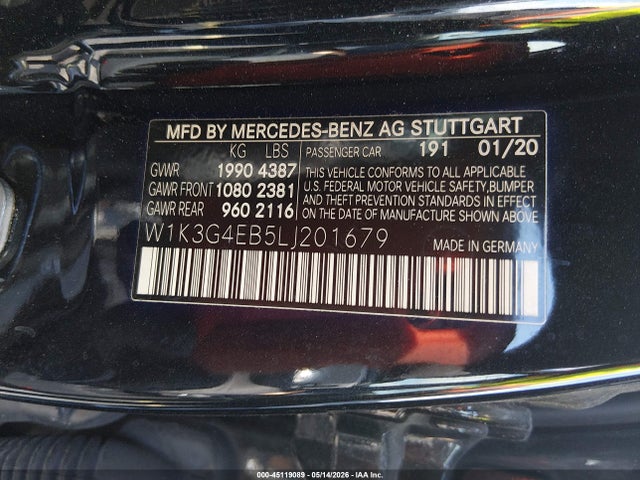 Aukcja sprzedaży 2020 Mercedes-benz A 220, vin: W1K3G4EB5LJ201679, numer aukcji: 45119089