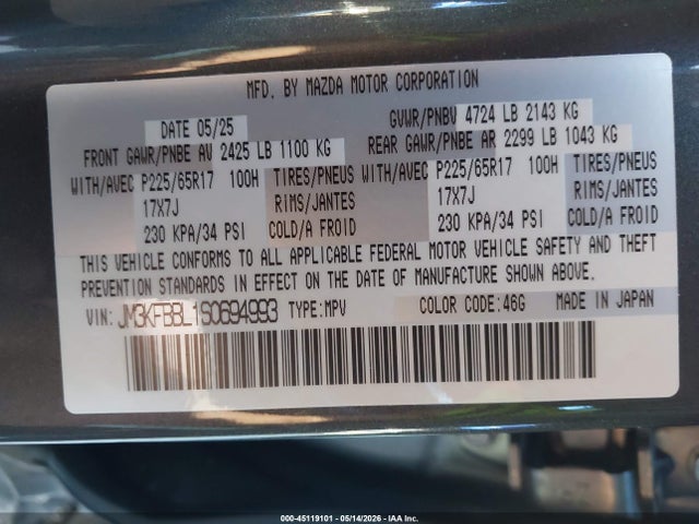 Aukcja sprzedaży 2025 Mazda Cx-5 2.5 S Select, vin: JM3KFBBL1S0694993, numer aukcji: 45119101