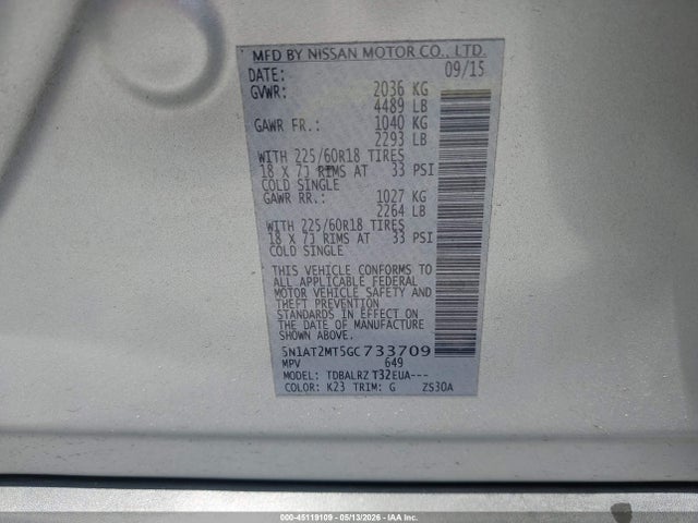 Aukcja sprzedaży 2016 Nissan Rogue Sl, vin: 5N1AT2MT5GC733709, numer aukcji: 45119109