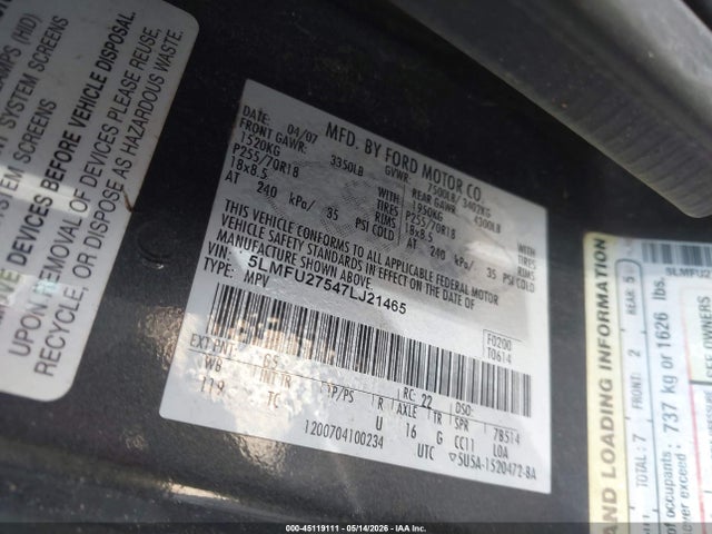 Aukcja sprzedaży 2007 Lincoln Navigator Ultimate, vin: 5LMFU27547LJ21465, numer aukcji: 45119111