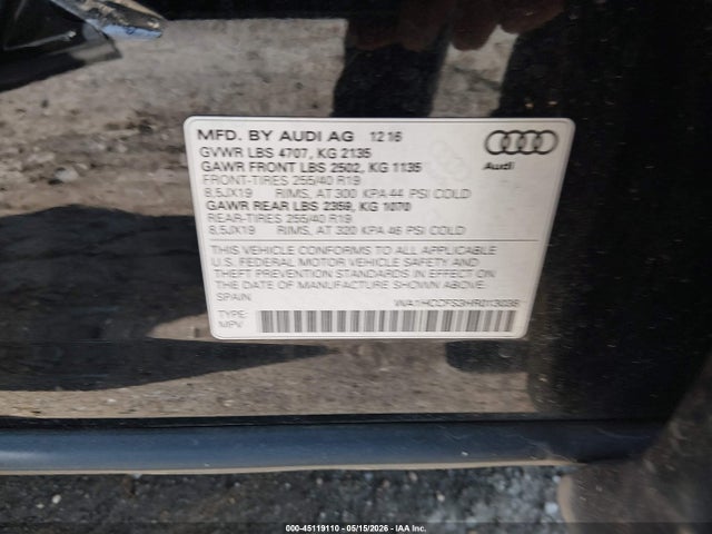 2017 Audi Q3 2.0t Premium მანქანა იყიდება აუქციონზე, vin: WA1HCCFS3HR013038, აუქციონის ნომერი: 45119110