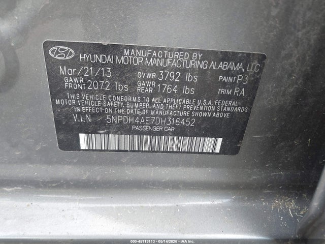 Продажа на аукционе авто 2013 Hyundai Elantra Gls, vin: 5NPDH4AE7DH316452, номер лота: 45119113