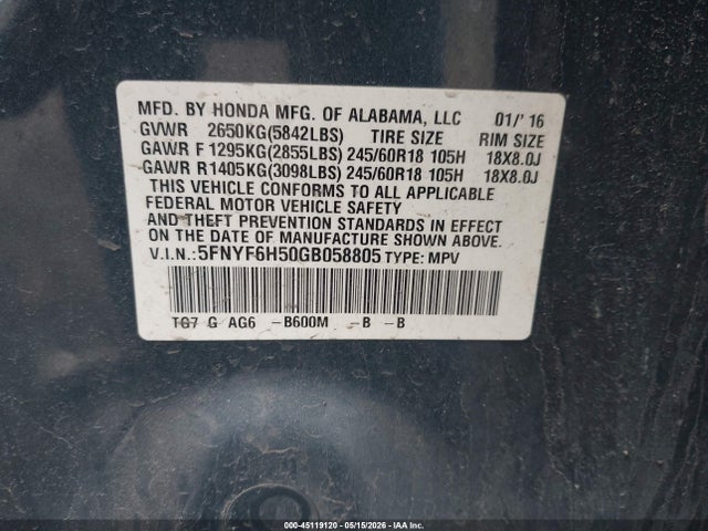 45119120 :رقم المزاد ، 5FNYF6H50GB058805 vin ، 2016 Honda Pilot Ex-l مزاد بيع