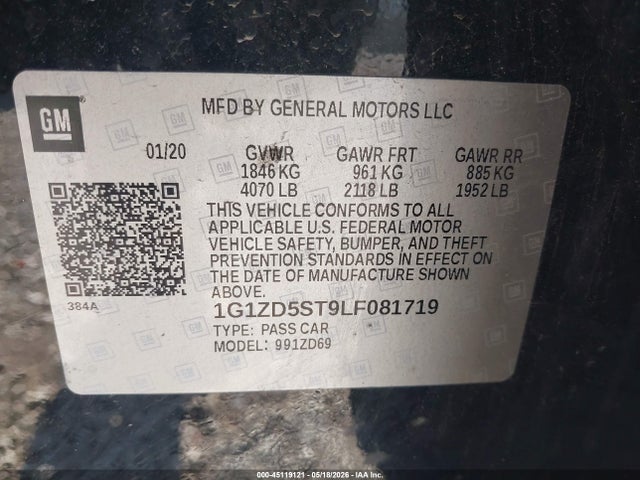 Aukcja sprzedaży 2020 Chevrolet Malibu Fwd Lt, vin: 1G1ZD5ST9LF081719, numer aukcji: 45119121