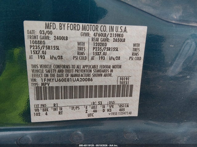 Aukcja sprzedaży 2001 Ford Explorer Sport, vin: 1FMYU60E81UA20086, numer aukcji: 45119128