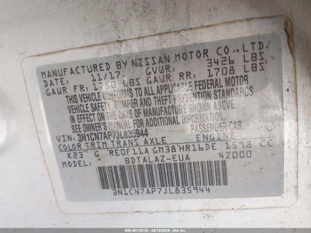 2018 Nissan Versa 1.6 S+ მანქანა იყიდება აუქციონზე, vin: 3N1CN7AP7JL835944, აუქციონის ნომერი: 45119129