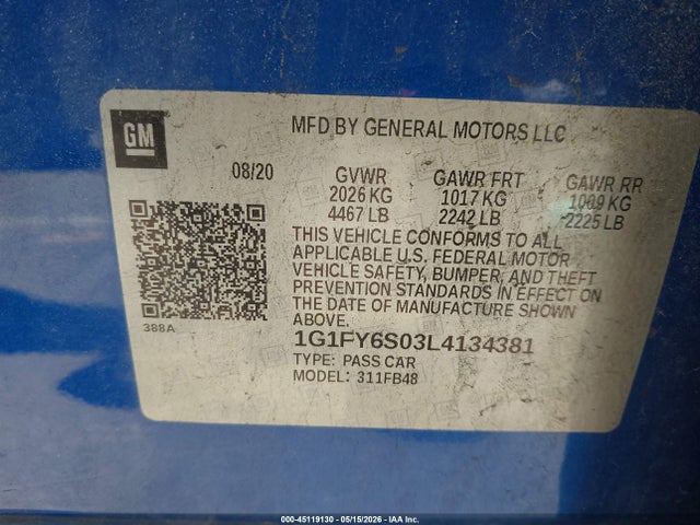 Продажа на аукционе авто 2020 Chevrolet Bolt Ev Fwd Lt, vin: 1G1FY6S03L4134381, номер лота: 45119130