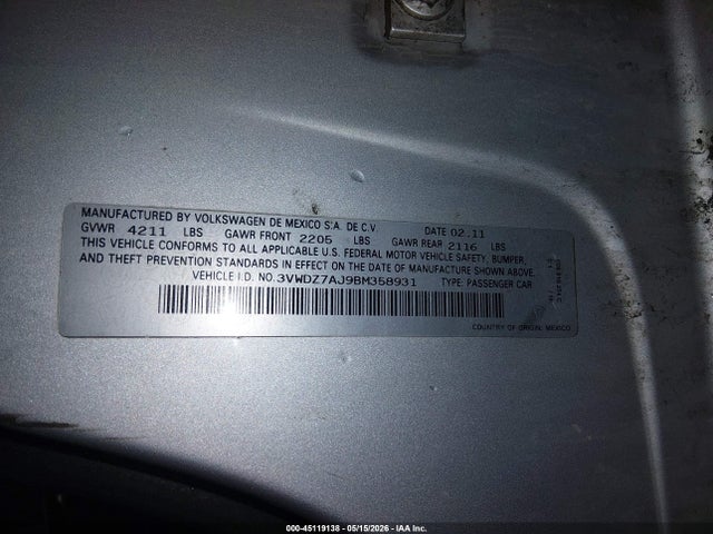 Продажа на аукционе авто 2011 Volkswagen Jetta 2.5l Se, vin: 3VWDZ7AJ9BM358931, номер лота: 45119138