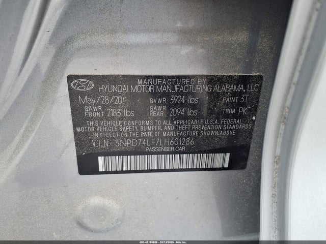 45119168 :رقم المزاد ، 5NPD74LF7LH601286 vin ، 2020 Hyundai Elantra Se مزاد بيع