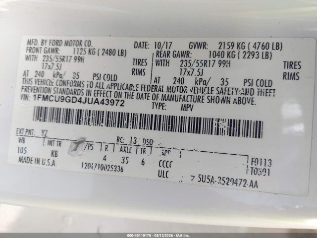 Продажа на аукционе авто 2018 Ford Escape Se, vin: 1FMCU9GD4JUA43972, номер лота: 45119175