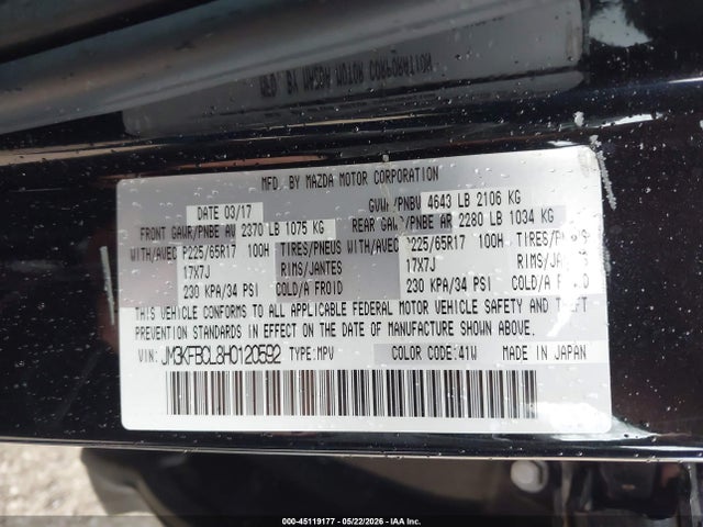 45119177 :رقم المزاد ، JM3KFBCL8H0120592 vin ، 2017 Mazda Cx-5 Touring مزاد بيع