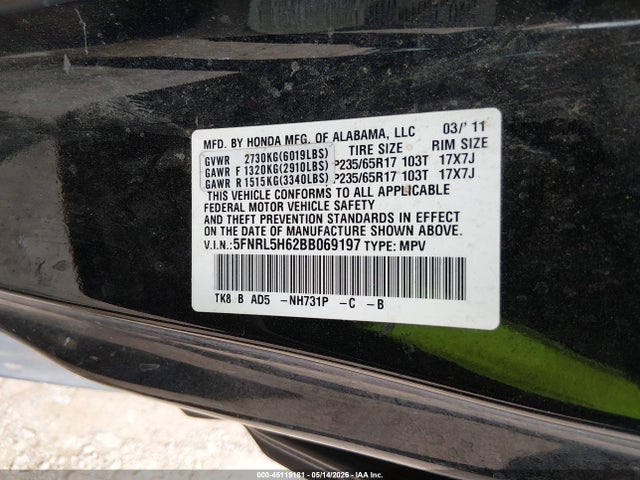 Продаж на аукціоні авто 2011 Honda Odyssey Ex-l, vin: 5FNRL5H62BB069197, номер лоту: 45119181