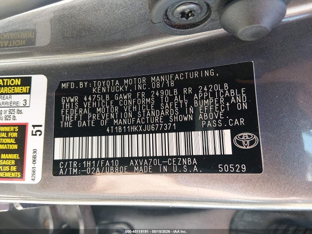 4T1B11HKXJU677371 Toyota CAMRY LE