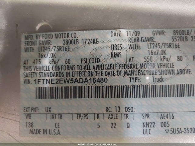 45119193 :رقم المزاد ، 1FTNE2EW5ADA16480 vin ، 2010 Ford E-250 Commercial/recreational مزاد بيع