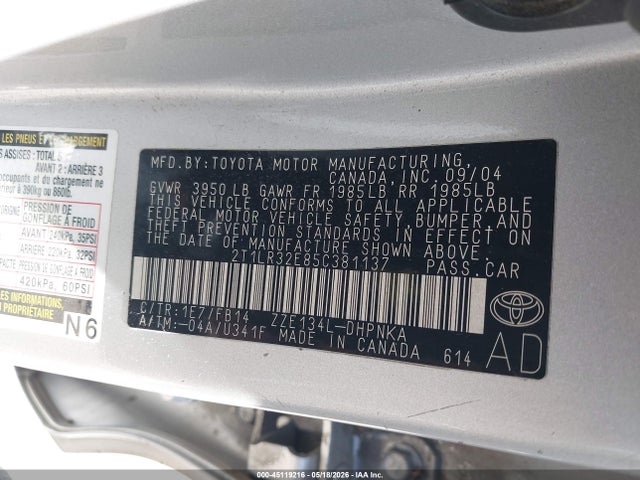 2005 Toyota Matrix Xr მანქანა იყიდება აუქციონზე, vin: 2T1LR32E85C381137, აუქციონის ნომერი: 45119216