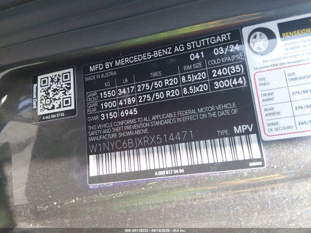 Aukcja sprzedaży 2024 Mercedes-benz G 550 4matic, vin: W1NYC6BJXRX514471, numer aukcji: 45119232