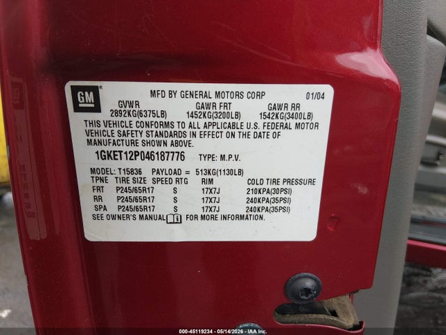 Aukcja sprzedaży 2004 Gmc Envoy Xuv Sle, vin: 1GKET12P046187776, numer aukcji: 45119234