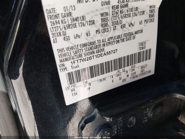 2013 Ford F-250 Lariat მანქანა იყიდება აუქციონზე, vin: 1FT7W2BT1DEA55727, აუქციონის ნომერი: 45119246
