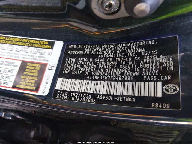 45119249 :رقم المزاد ، 4T4BF1FK7FR487884 vin ، 2015 Toyota Camry Le مزاد بيع