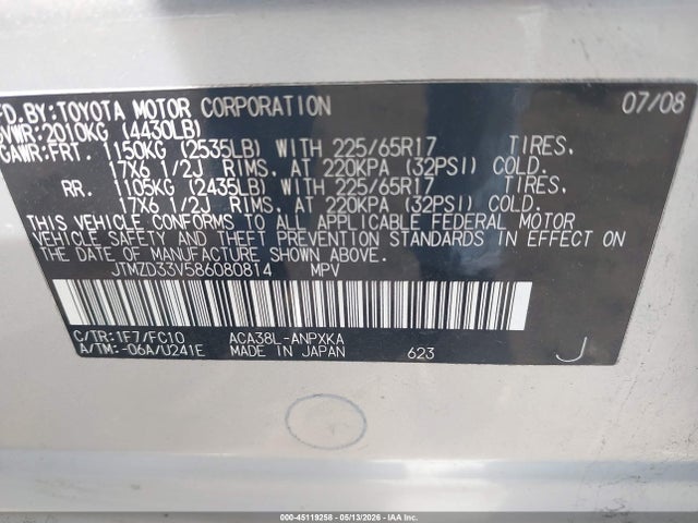 Auction sale of the 2008 Toyota Rav4, vin: JTMZD33V586080814, lot number: 45119258