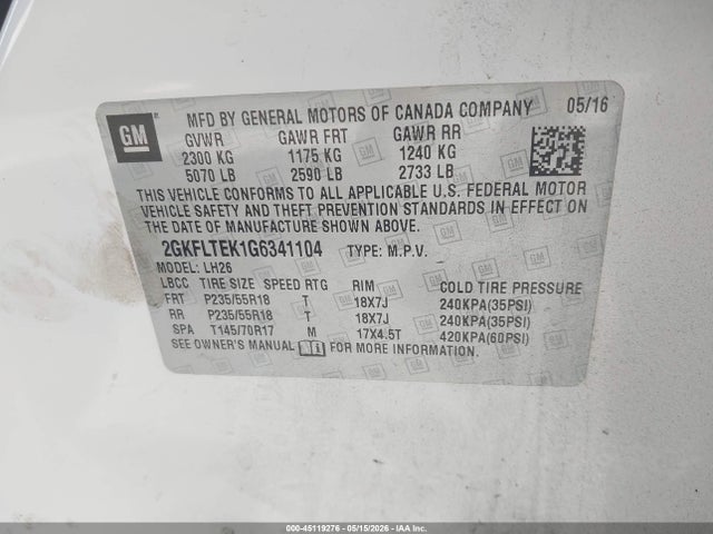 Продажа на аукционе авто 2016 Gmc Terrain Sle, vin: 2GKFLTEK1G6341104, номер лота: 45119276