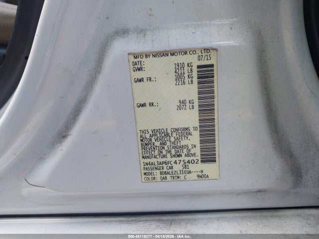 Продажа на аукционе авто 2015 Nissan Altima 2.5 S, vin: 1N4AL3AP6FC475402, номер лота: 45119277