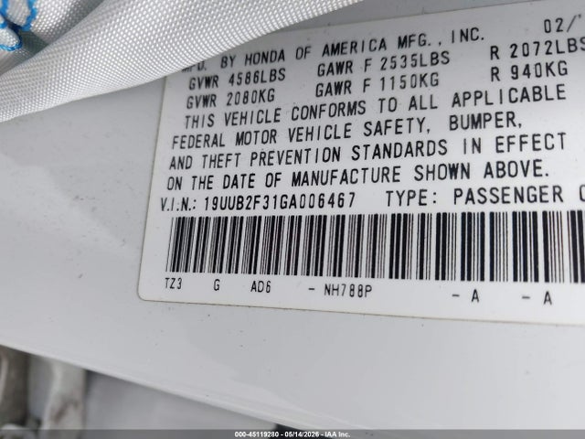 Aukcja sprzedaży 2016 Acura Tlx V6, vin: 19UUB2F31GA006467, numer aukcji: 45119280