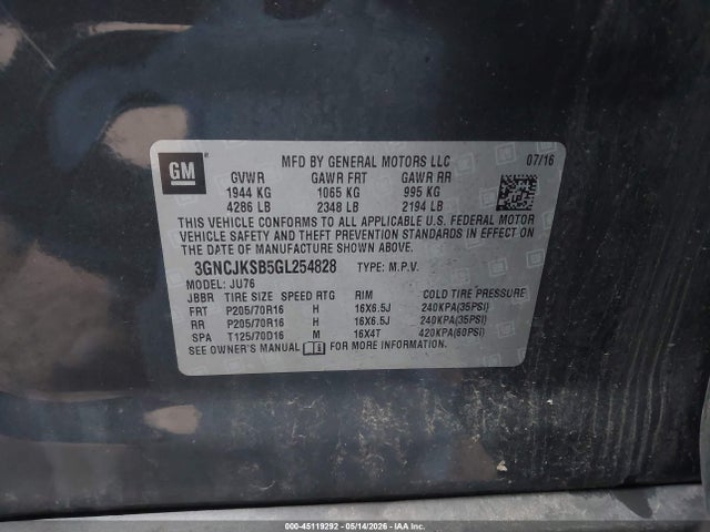 45119292 :رقم المزاد ، 3GNCJKSB5GL254828 vin ، 2016 Chevrolet Trax 1ls مزاد بيع
